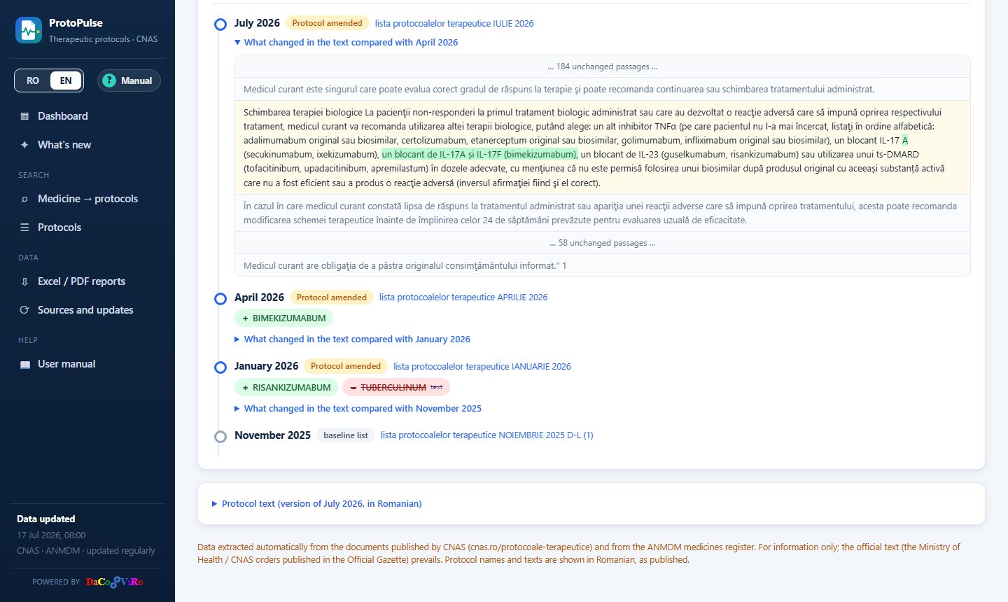 The version history, with the changed text highlighted word by word