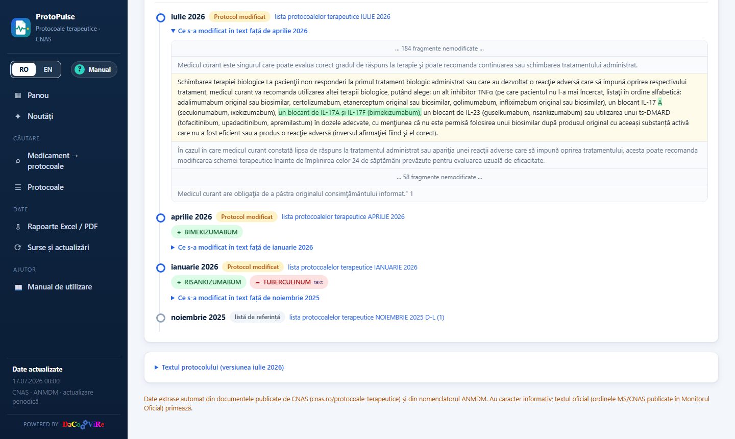 Istoricul versiunilor, cu textul modificat evidențiat cuvânt cu cuvânt